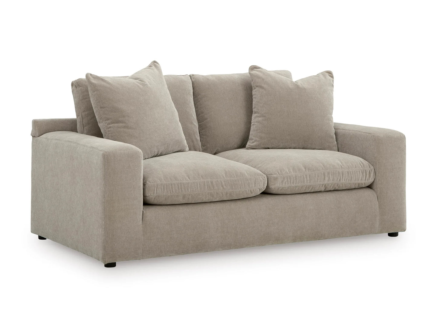 Rowan Velvet Loveseat in Oatmeal, angled view on white