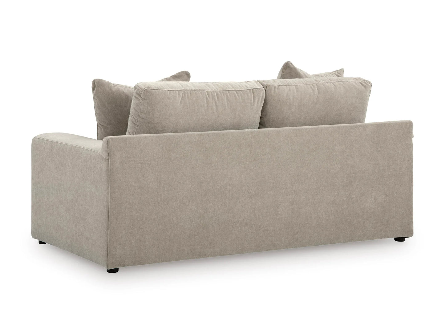 Rowan Velvet Loveseat in Oatmeal, rear view on white