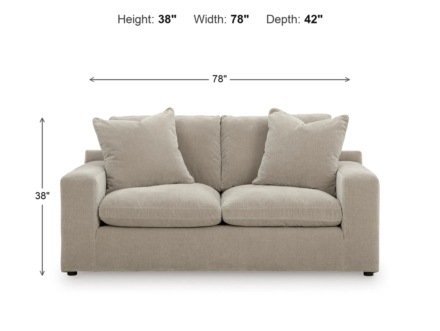 Rowan Velvet Loveseat dimensions: 78 in W x 42 in D x 38 in H
