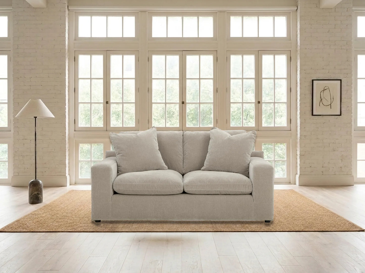 Rowan Velvet Loveseat in Oatmeal in a living room