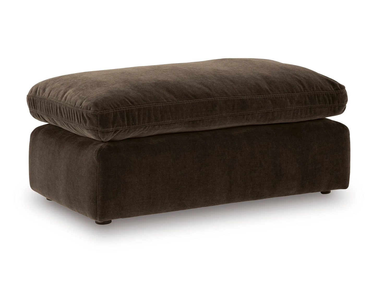 Rowan Velvet Ottoman in Espresso, angled view on white