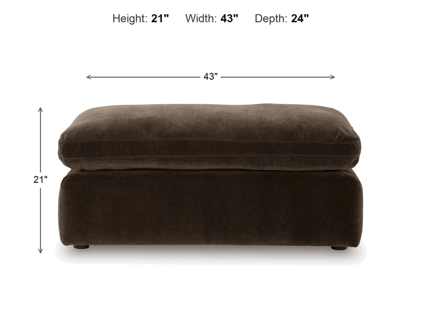 Rowan Velvet Ottoman dimensions: 43 in W x 24 in D x 21 in H