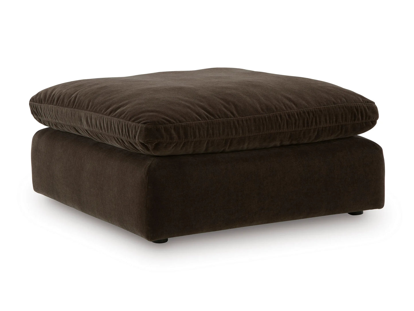 Rowan oversized ottoman module in Espresso velvet, angled view on white