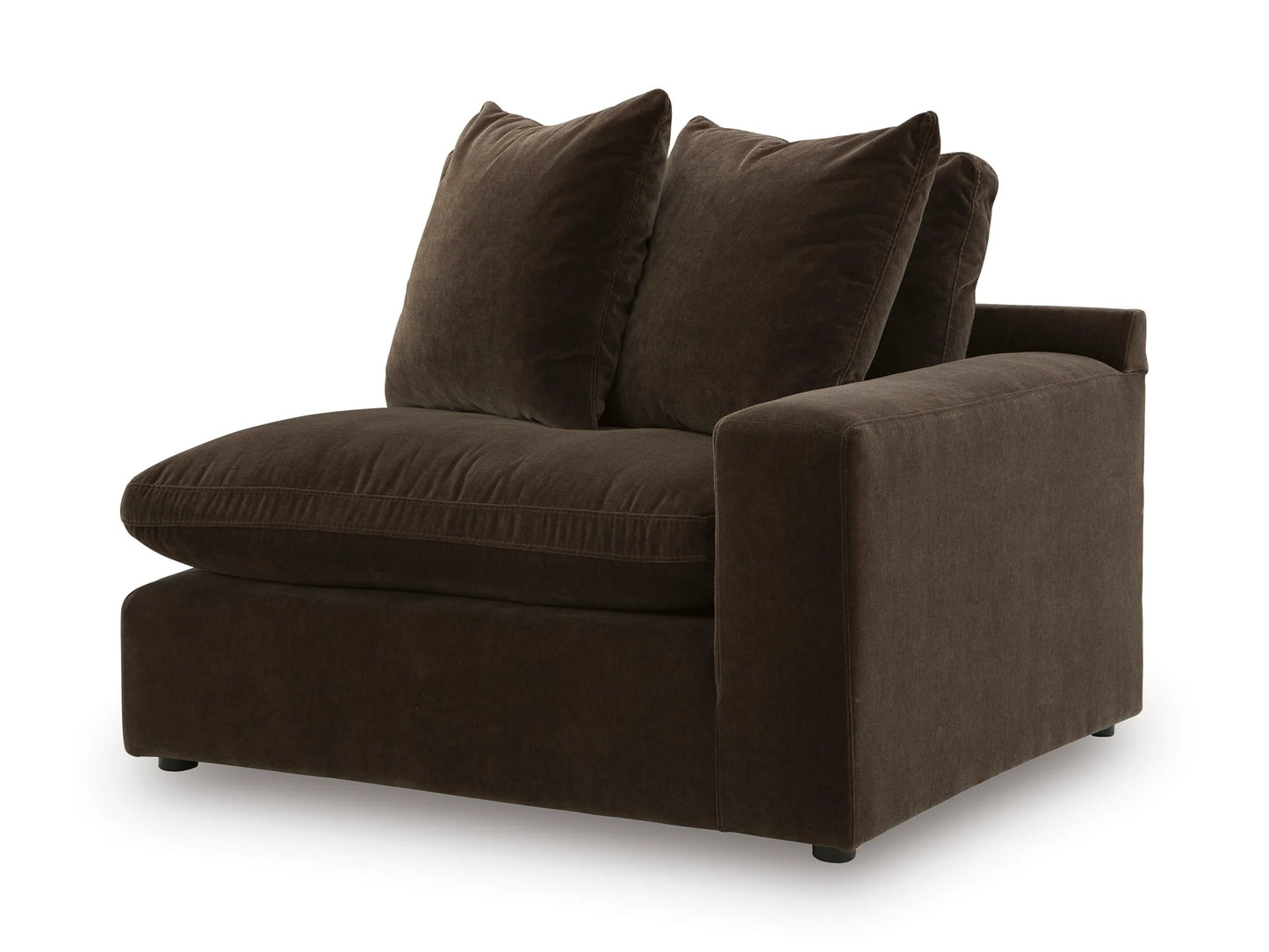 Rowan right-arm corner chair module in Espresso velvet, angled view on white