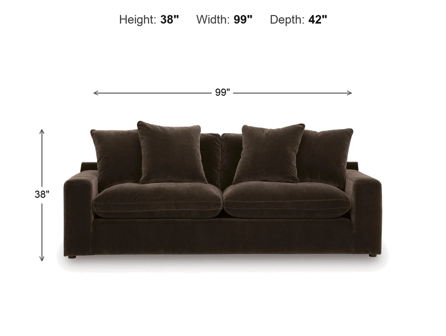 Rowan Velvet Sofa dimensions: 99 in W x 42 in D x 38 in H