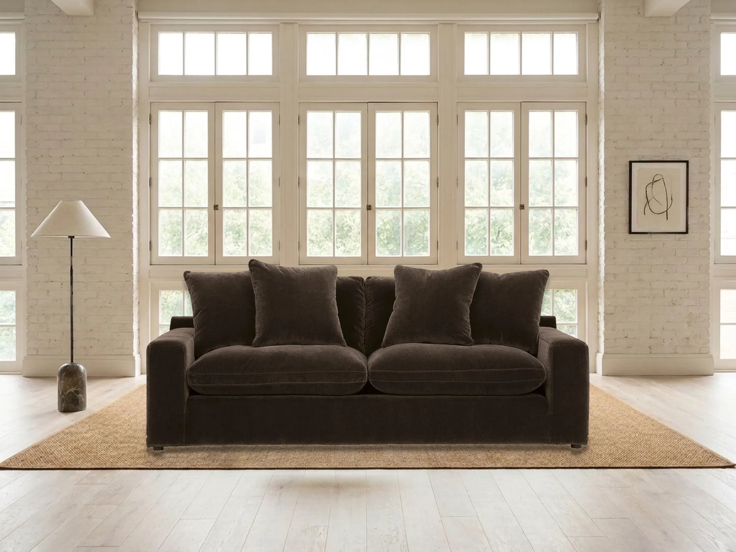 Rowan Velvet Sofa in Espresso in a living room