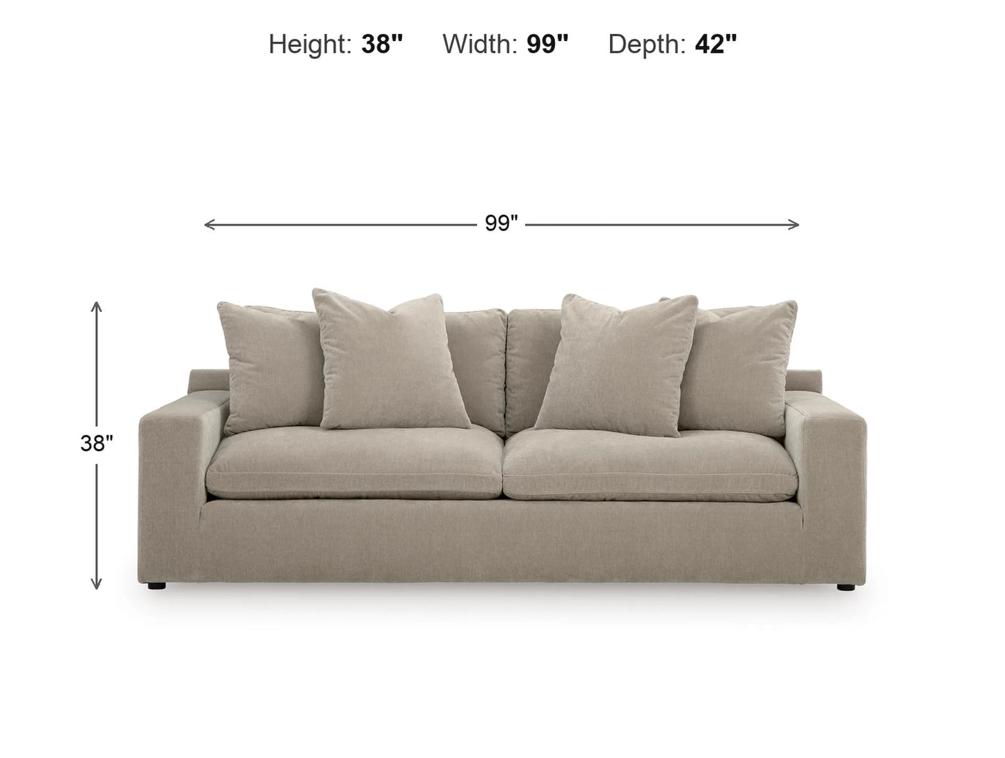 Rowan Velvet Sofa dimensions: 99 in W x 42 in D x 38 in H