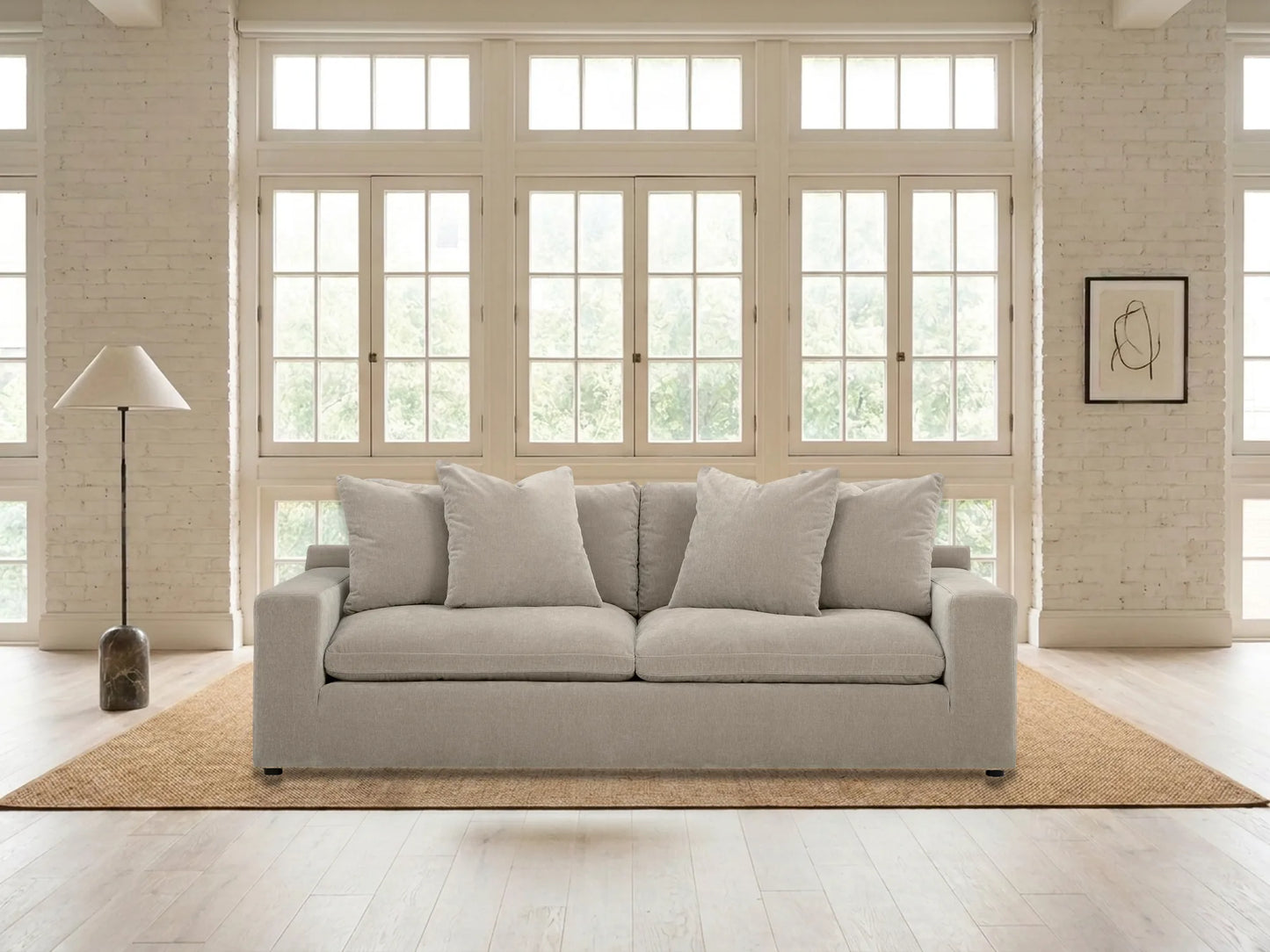 Rowan Velvet Sofa in Oatmeal in a living room